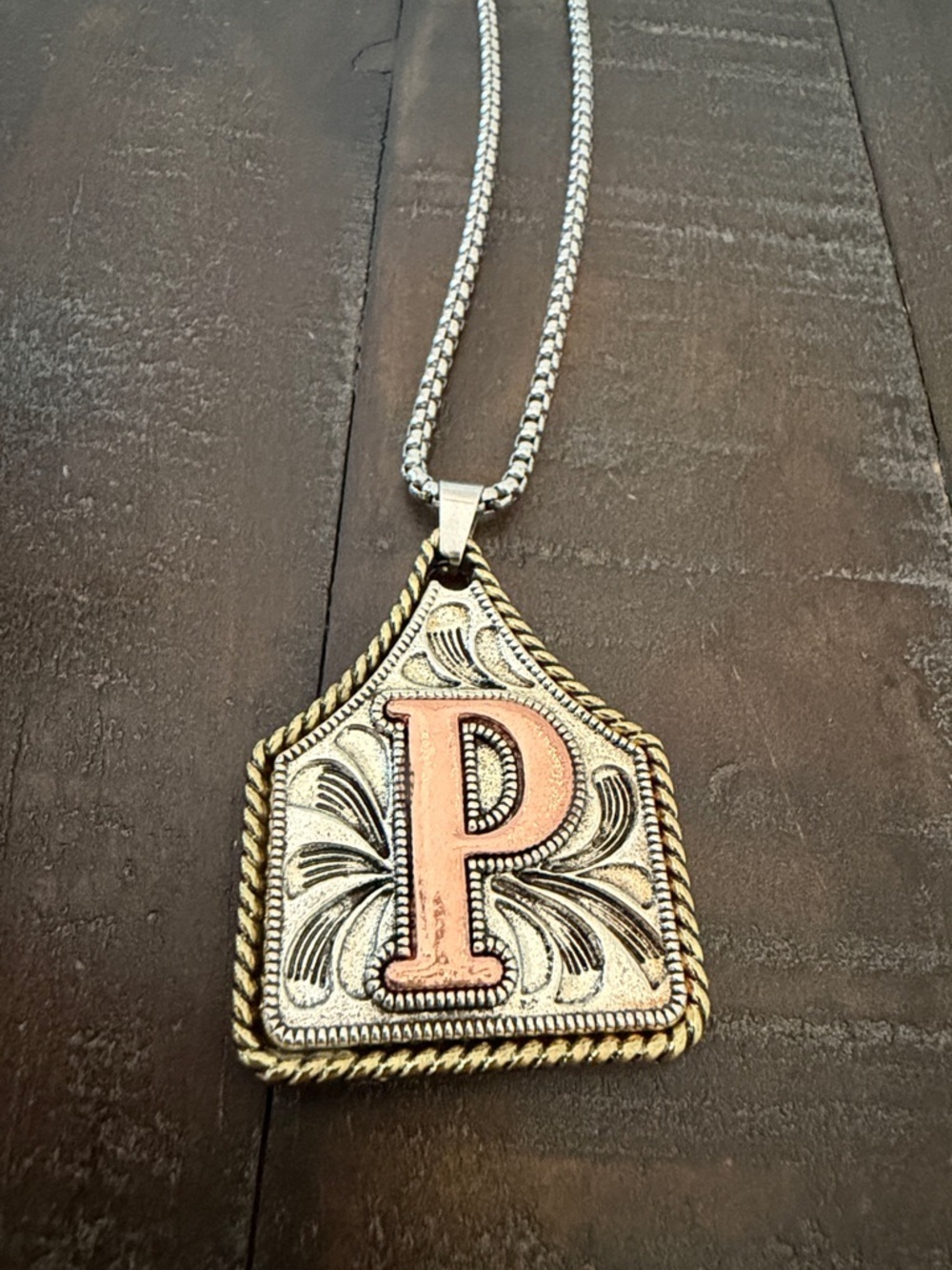 Cow Tag Handmade Initial 'P' Silver & Rose Gold